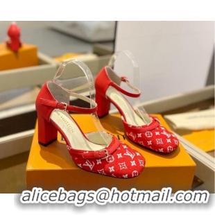 Low Price Louis Vuitton Mary Janes Pumps 8cm in Monogram Textile and Leather Red 724137