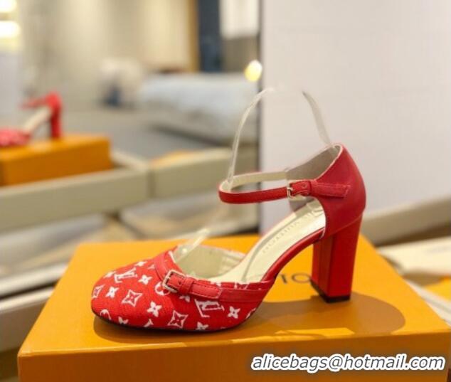 Low Price Louis Vuitton Mary Janes Pumps 8cm in Monogram Textile and Leather Red 724137