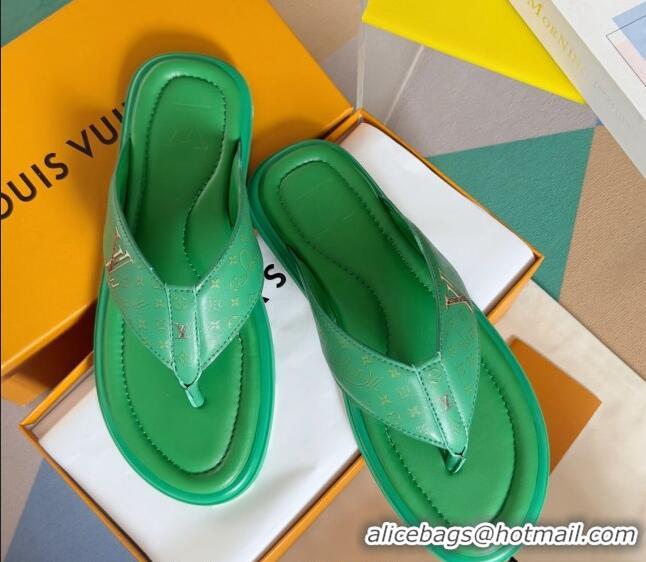 Lower Price Louis Vuitton Men's Flat Thong Slides Sandal in Calf Leather Green 815074