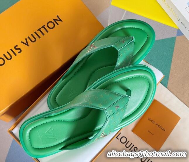 Lower Price Louis Vuitton Men's Flat Thong Slides Sandal in Calf Leather Green 815074