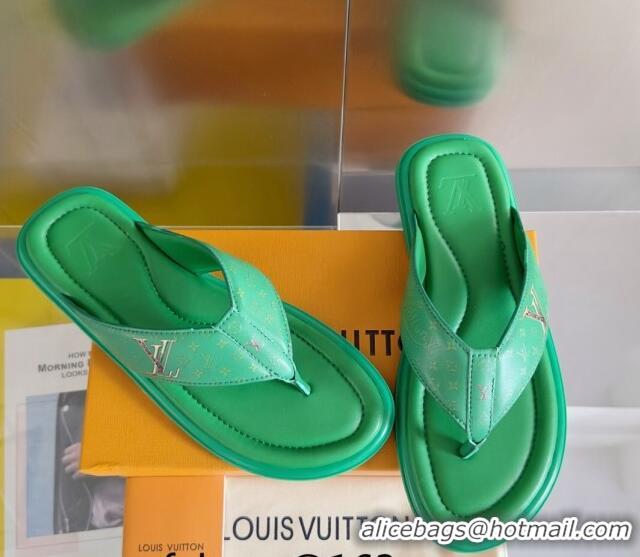 Lower Price Louis Vuitton Men's Flat Thong Slides Sandal in Calf Leather Green 815074