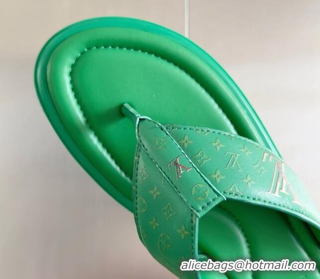 Lower Price Louis Vuitton Men's Flat Thong Slides Sandal in Calf Leather Green 815074