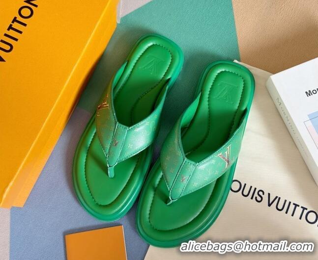 Lower Price Louis Vuitton Men's Flat Thong Slides Sandal in Calf Leather Green 815074