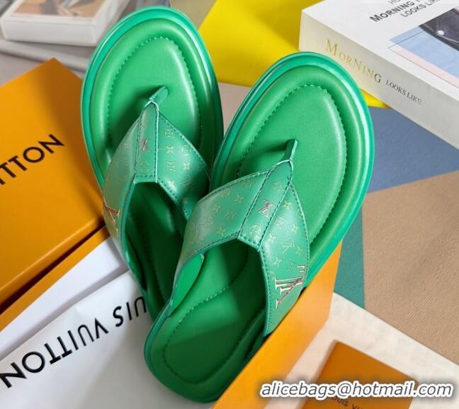 Lower Price Louis Vuitton Men's Flat Thong Slides Sandal in Calf Leather Green 815074