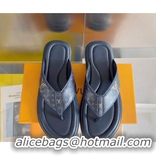 Durable Louis Vuitton Men's Flat Thong Slides Sandal in Calf Leather Dark Blue 0815075