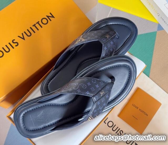 Durable Louis Vuitton Men's Flat Thong Slides Sandal in Calf Leather Dark Blue 0815075