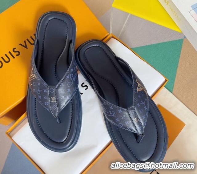 Durable Louis Vuitton Men's Flat Thong Slides Sandal in Calf Leather Dark Blue 0815075