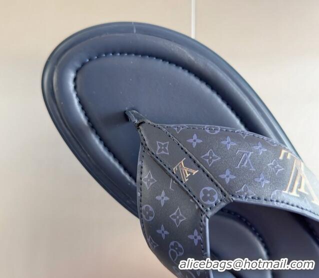 Durable Louis Vuitton Men's Flat Thong Slides Sandal in Calf Leather Dark Blue 0815075