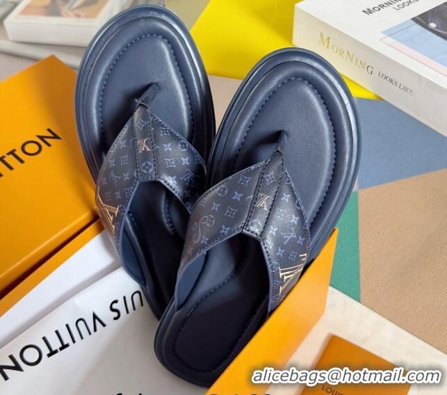 Durable Louis Vuitton Men's Flat Thong Slides Sandal in Calf Leather Dark Blue 0815075