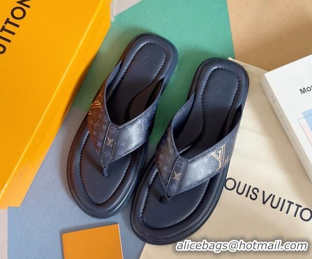 Durable Louis Vuitton Men's Flat Thong Slides Sandal in Calf Leather Dark Blue 0815075