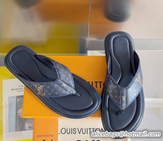 Durable Louis Vuitton Men's Flat Thong Slides Sandal in Calf Leather Dark Blue 0815075