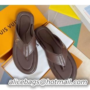 Luxurious Louis Vuitton Men's Flat Thong Slides Sandal in Calf Leather Brown 815077