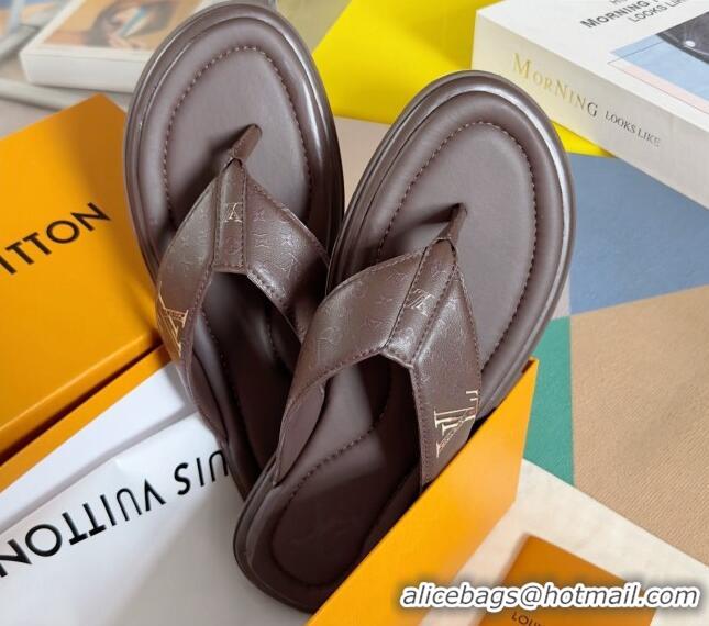 Luxurious Louis Vuitton Men's Flat Thong Slides Sandal in Calf Leather Brown 815077