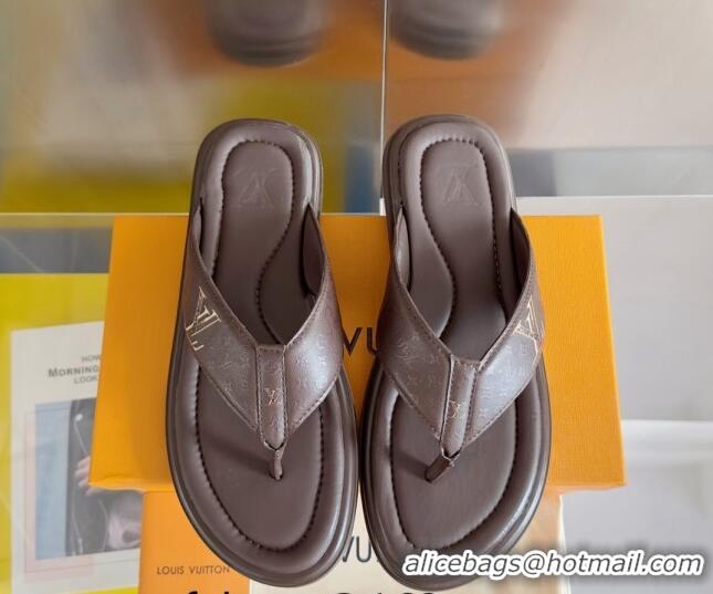 Luxurious Louis Vuitton Men's Flat Thong Slides Sandal in Calf Leather Brown 815077