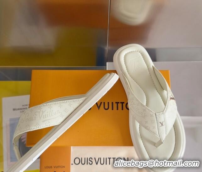 Low Cost Louis Vuitton Men's Flat Thong Slides Sandal in Calf Leather White 0815078