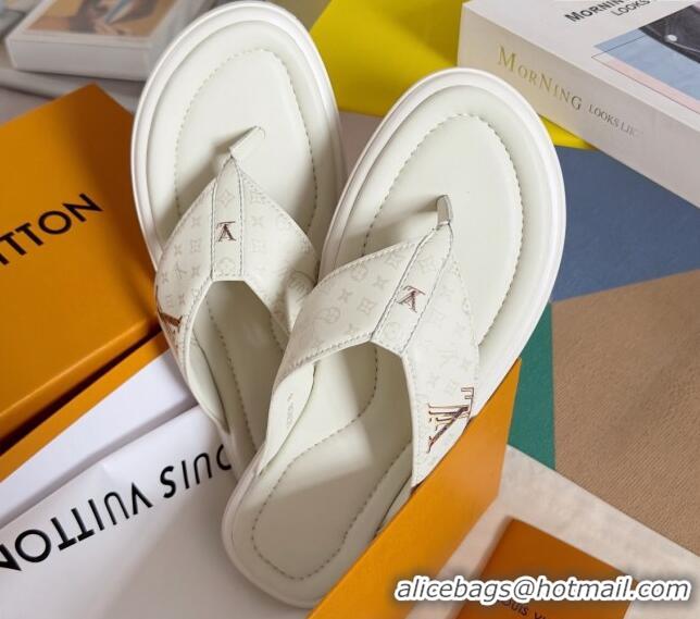 Low Cost Louis Vuitton Men's Flat Thong Slides Sandal in Calf Leather White 0815078