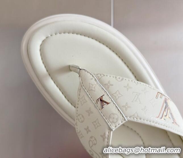 Low Cost Louis Vuitton Men's Flat Thong Slides Sandal in Calf Leather White 0815078