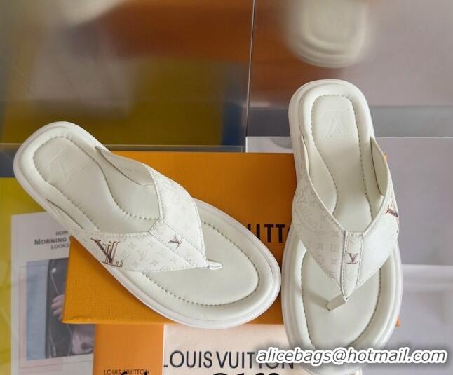 Low Cost Louis Vuitton Men's Flat Thong Slides Sandal in Calf Leather White 0815078