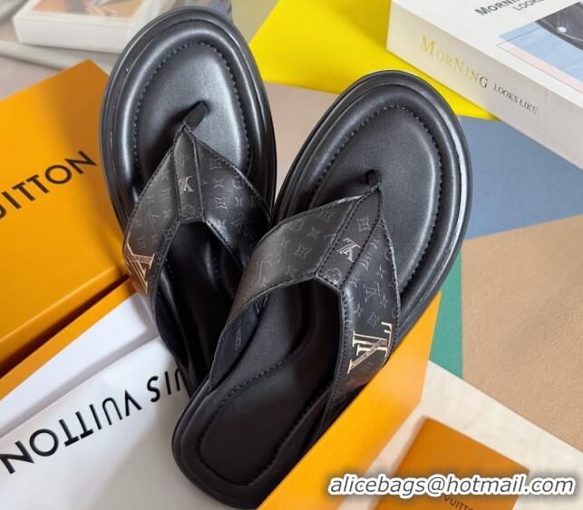 Best Product Louis Vuitton Men's Flat Thong Slides Sandal in Calf Leather Black 0815079