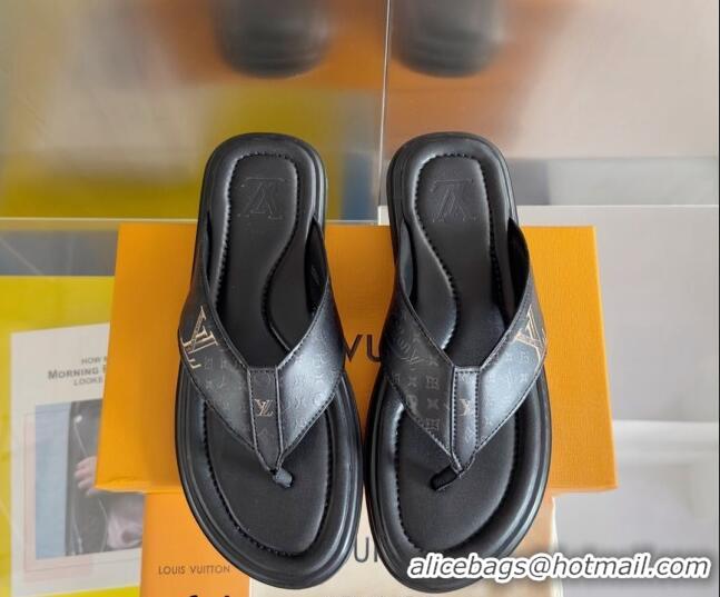 Best Product Louis Vuitton Men's Flat Thong Slides Sandal in Calf Leather Black 0815079