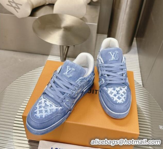 Best Product Louis Vuitton LV Trainer Sneakers in Bleached Leather and Denim Blue 0815092