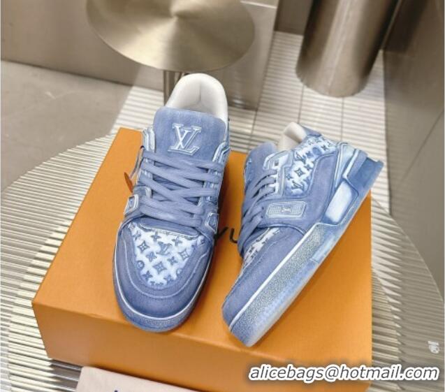 Best Product Louis Vuitton LV Trainer Sneakers in Bleached Leather and Denim Blue 0815092