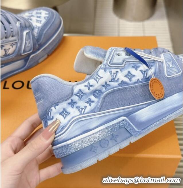 Best Product Louis Vuitton LV Trainer Sneakers in Bleached Leather and Denim Blue 0815092