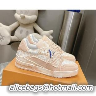 Best Grade Louis Vuitton LV Trainer Sneakers in Bleached Leather and Denim Pale Pink 0815093