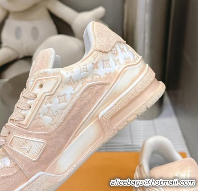 Best Grade Louis Vuitton LV Trainer Sneakers in Bleached Leather and Denim Pale Pink 0815093