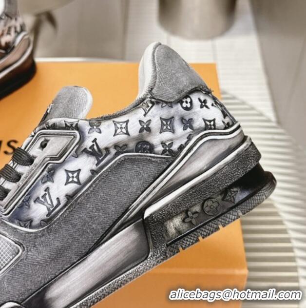 Best Price Louis Vuitton LV Trainer Sneakers in Bleached Leather and Denim Grey 40815094