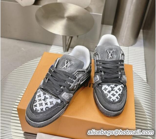 Best Price Louis Vuitton LV Trainer Sneakers in Bleached Leather and Denim Grey 40815094