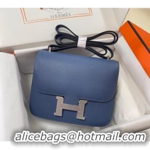 Best Price Hermes Constance Mini Bag 18cm in Epsom Palm-Grained Leather 8057 Agate Blue/Silver 2024 (Half Handmade)