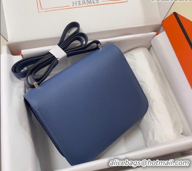 Best Price Hermes Constance Mini Bag 18cm in Epsom Palm-Grained Leather 8057 Agate Blue/Silver 2024 (Half Handmade)