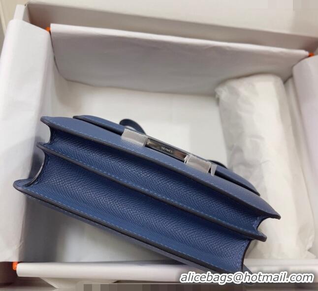 Best Price Hermes Constance Mini Bag 18cm in Epsom Palm-Grained Leather 8057 Agate Blue/Silver 2024 (Half Handmade)