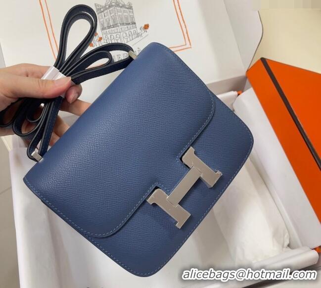 Best Price Hermes Constance Mini Bag 18cm in Epsom Palm-Grained Leather 8057 Agate Blue/Silver 2024 (Half Handmade)