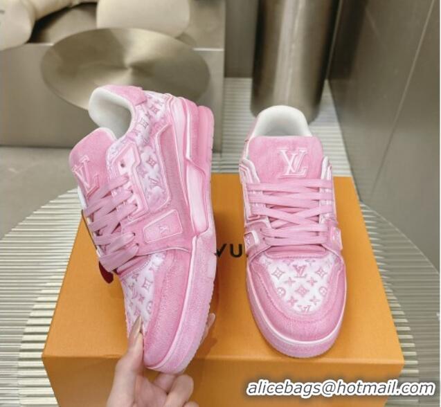 Unique Style Louis Vuitton LV Trainer Sneakers in Bleached Leather and Denim Light Pink 0815095