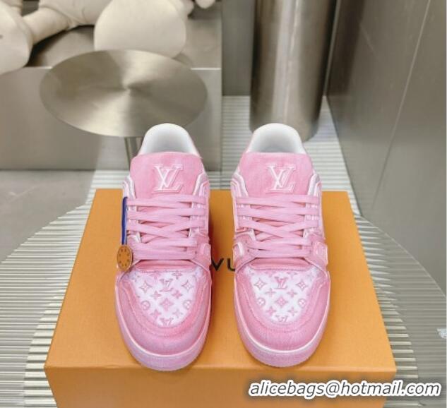 Unique Style Louis Vuitton LV Trainer Sneakers in Bleached Leather and Denim Light Pink 0815095