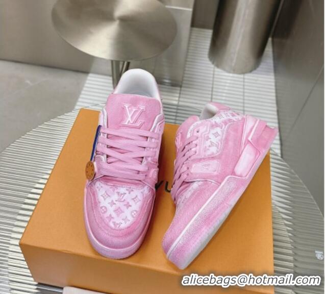 Unique Style Louis Vuitton LV Trainer Sneakers in Bleached Leather and Denim Light Pink 0815095