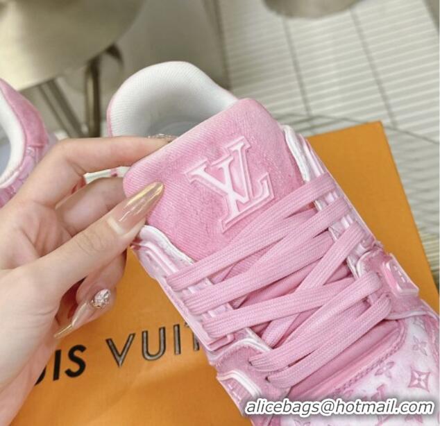 Unique Style Louis Vuitton LV Trainer Sneakers in Bleached Leather and Denim Light Pink 0815095