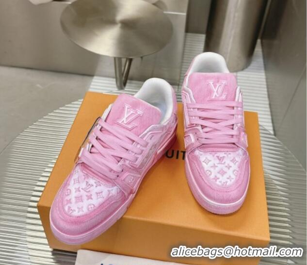 Unique Style Louis Vuitton LV Trainer Sneakers in Bleached Leather and Denim Light Pink 0815095