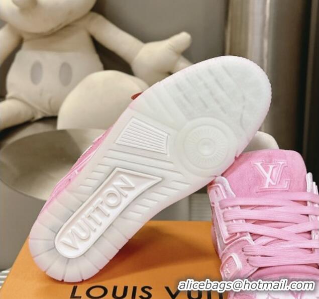 Unique Style Louis Vuitton LV Trainer Sneakers in Bleached Leather and Denim Light Pink 0815095