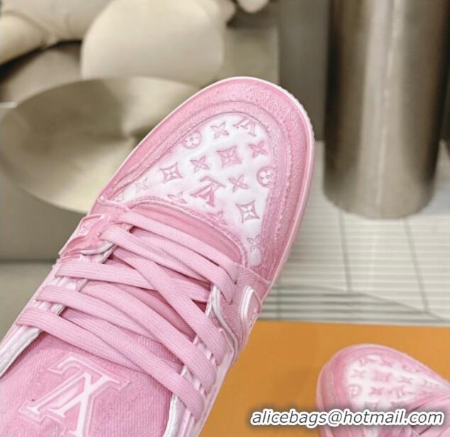 Unique Style Louis Vuitton LV Trainer Sneakers in Bleached Leather and Denim Light Pink 0815095