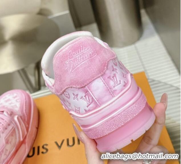 Unique Style Louis Vuitton LV Trainer Sneakers in Bleached Leather and Denim Light Pink 0815095