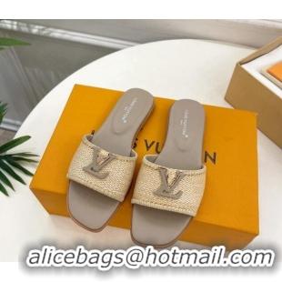 Most Popular Louis Vuitton LV Capri Flat Slides Sandal in Raffia Straw Grey 0815098