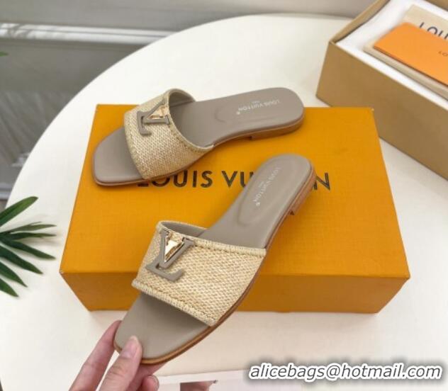 Most Popular Louis Vuitton LV Capri Flat Slides Sandal in Raffia Straw Grey 0815098