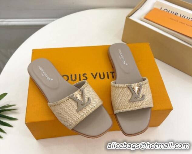 Most Popular Louis Vuitton LV Capri Flat Slides Sandal in Raffia Straw Grey 0815098