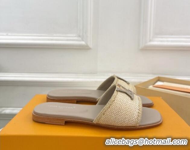 Most Popular Louis Vuitton LV Capri Flat Slides Sandal in Raffia Straw Grey 0815098