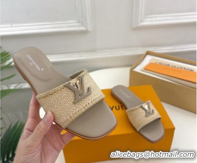 Most Popular Louis Vuitton LV Capri Flat Slides Sandal in Raffia Straw Grey 0815098