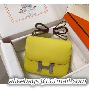 Pretty Style Hermes Constance Mini Bag 18cm in Epsom Palm-Grained Leather 8057 Lemon Yellow/Silver 2024 (Half Handmade)