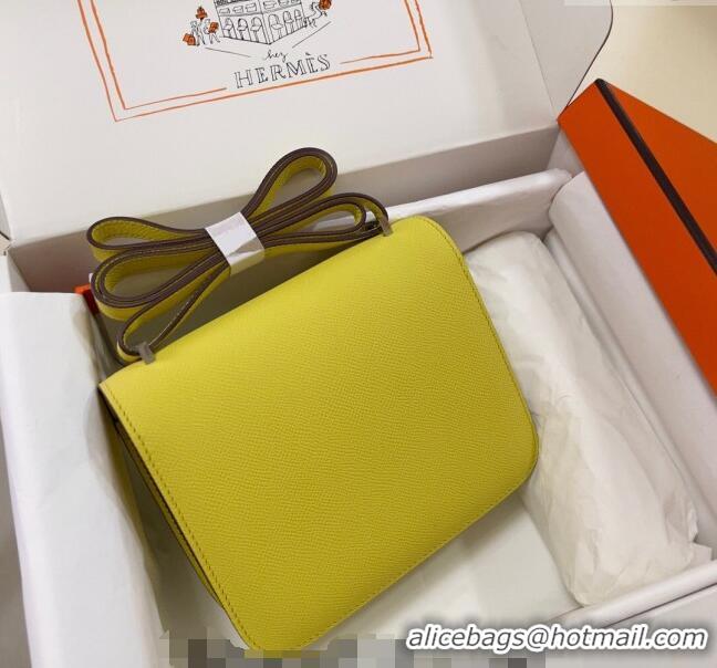 Pretty Style Hermes Constance Mini Bag 18cm in Epsom Palm-Grained Leather 8057 Lemon Yellow/Silver 2024 (Half Handmade)